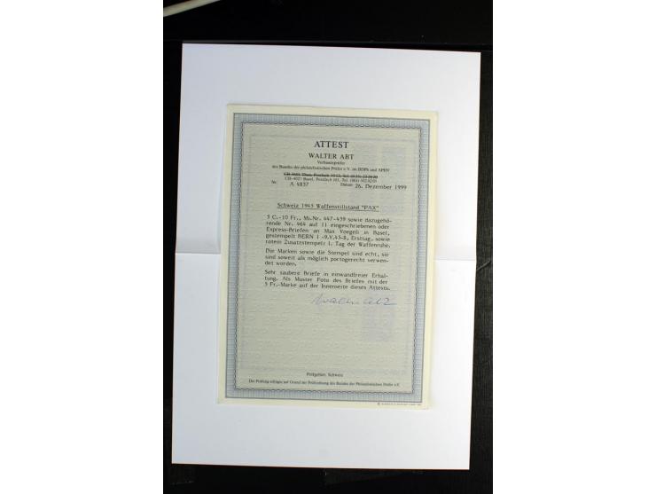1945, PAX 5 C.-10 Fr., mit Erstagsstempel "BERN 9.V.45" auf insgesamt 11 Ersttagsbriefen mit rotem Zusatzstempel "1. Tag der 