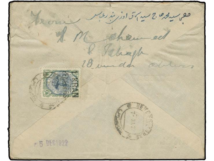 1 kr. on 12 ch. tied by cds. "BENDER-ABAS 7-XI.22" to reverse of commercial cover to Manchester, cover fold not affecting the