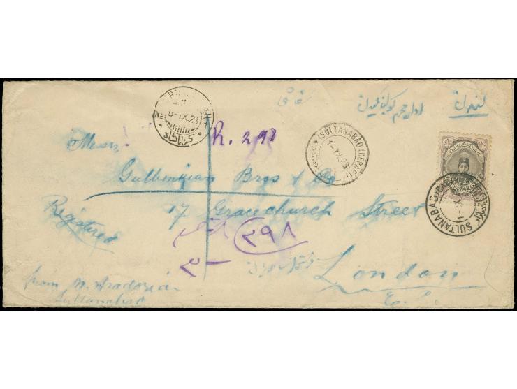 3 kr. tied by cds. "SULTANABAD 1-IX.23" to registered envelope to London with transit and arrival marks; a scarce single fran