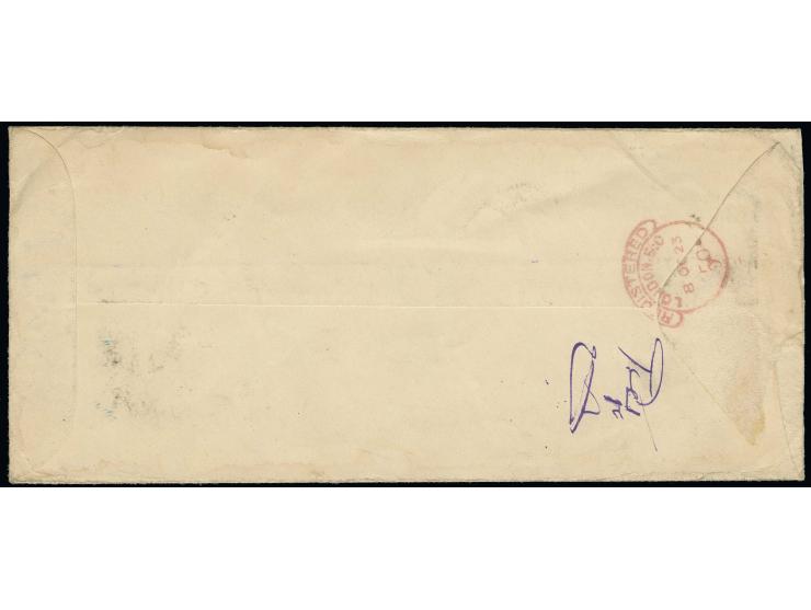 3 kr. tied by cds. "SULTANABAD 1-IX.23" to registered envelope to London with transit and arrival marks; a scarce single fran