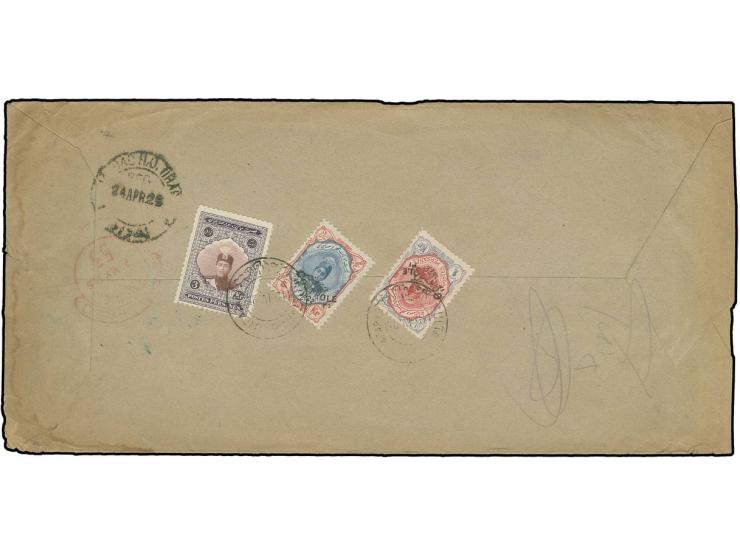 5 kr., 1 kr. and 1924, 3 kr. tied by cds. "SULTANABAD 10.IV.25" to reverse of registered envelope endorsed "Overland Mail" to