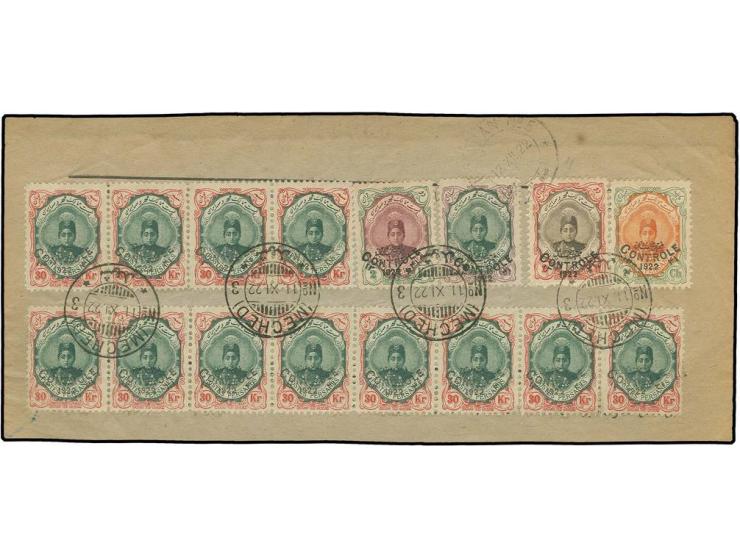 30 kr., horizontal strip of 8 and horizontal strip of 4 with 2 kr., 24 ch., 2 ch. and 1 ch., tied by cds. "MECHED 11.XI.22" t