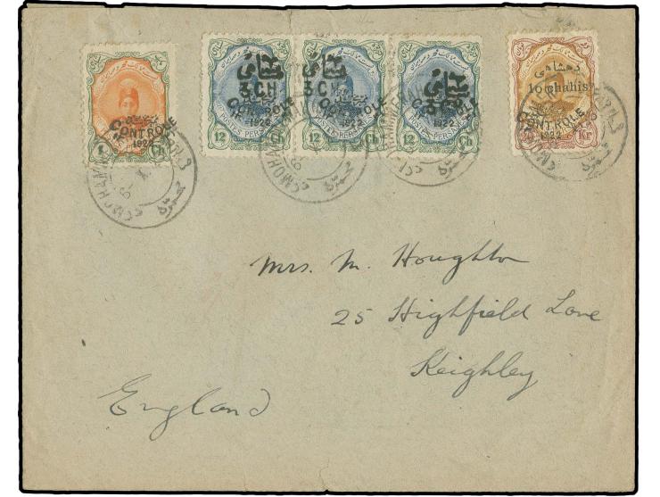 Surcharge 10 ch. on 20 kr. and strip of three 3 ch. on 12 ch. and unsurcharged 1 ch. tied by cds. "MOHAMMERAH 6-X.23" to cove