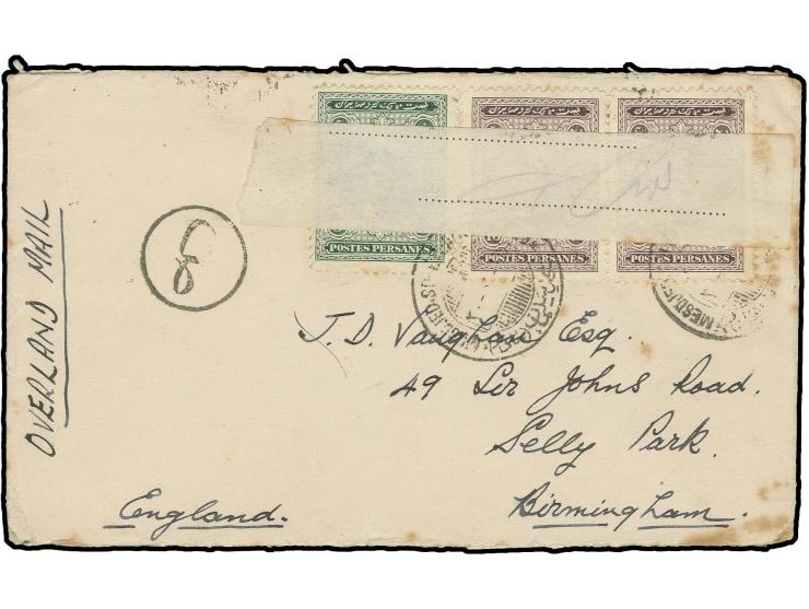 9 ch. and horizontal pair 10 ch. tied by Mesdjed Soleiman cds. and afterwards obliterated by strip of paper with signature to