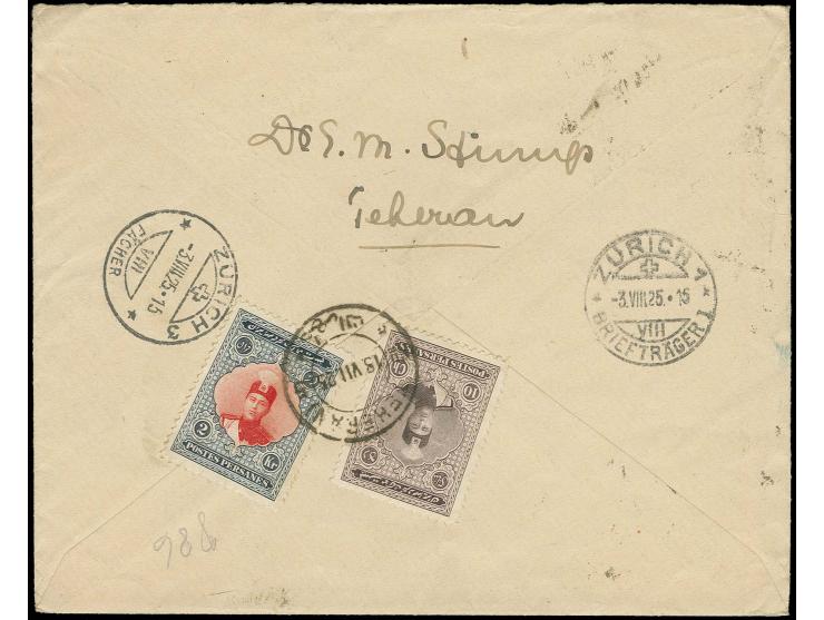 2 kr. and 10 ch. tied by Teheran cds. to reverse of registered envelope to Switzerland with arrival marks