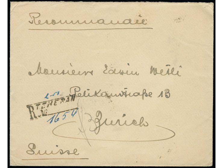 2 kr. and 10 ch. tied by Teheran cds. to reverse of registered envelope to Switzerland with arrival marks