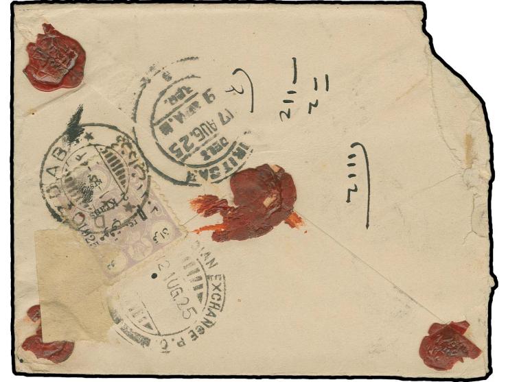 1925, provisional issue 2 kr. lilac tied by Dozdab cds. to reverse of registered envelope to Amritsar in Punjab, India with t