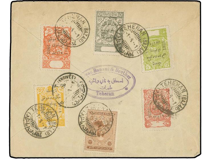 1 ch.-10 ch. in combination with Ahmad Shad 3 ch. tied to reverse of registered envelope from Teheran to Recht with arrival m