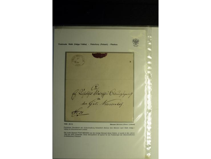 POSTROUTE WALK-PETSCHORY-PLESKAU: 1848/63, "POST MENZEN", "POST LIPS" sowie "НЕЙГАУЗЕНЪ ПОЧТЪ" je als Ovalstempel mit handsch