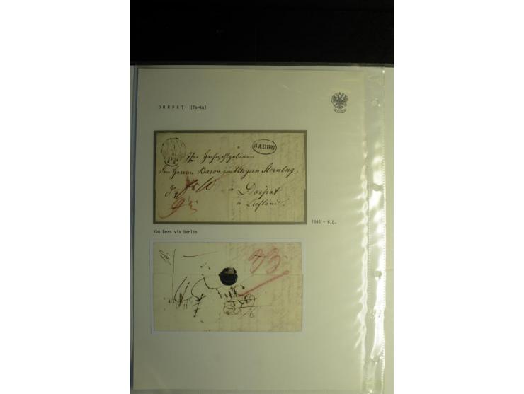 POSTROUTE WALK-PETSCHORY-PLESKAU: 1848/63, "POST MENZEN", "POST LIPS" sowie "НЕЙГАУЗЕНЪ ПОЧТЪ" je als Ovalstempel mit handsch