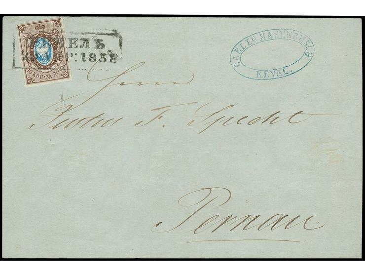 10 K. dunkelbraun/hellblau, allseits gut gerandet mit klarem Ra2 "REVAL 19 APR. 1858" auf Faltbriefhülle mit nebengesetztem A