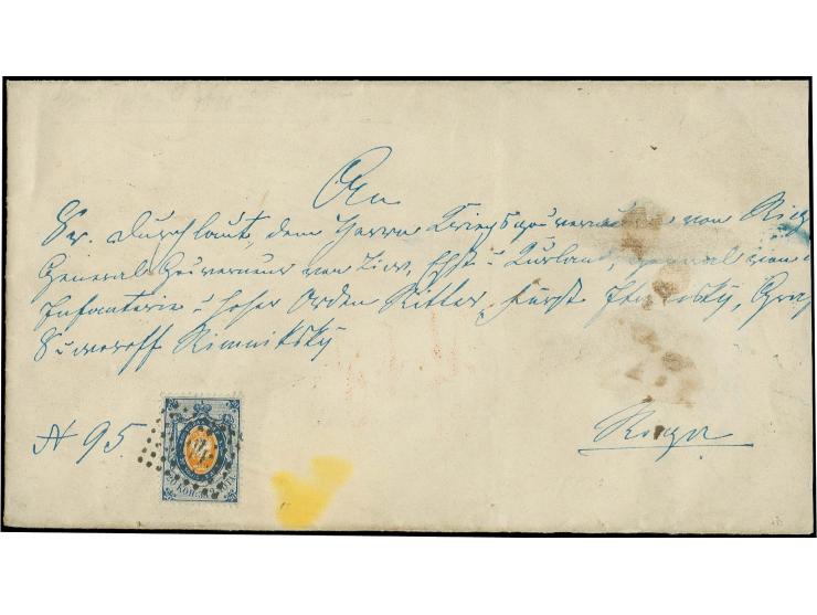 1858, 20 K. dunkelblau/gelborange mit klarem Nummernstempel "394" PERNAU auf Faltbriefhülle nach Riga, rückseitig Aufgabe- un