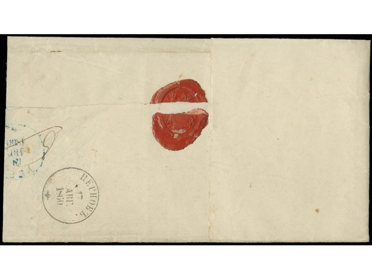 1858, 20 K. dunkelblau/gelborange mit klarem Nummernstempel "394" PERNAU auf Faltbriefhülle nach Riga, rückseitig Aufgabe- un