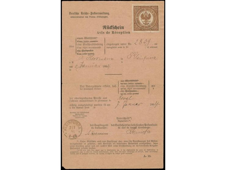 RÜCKSCHEIN: 1894, deutscher Rückschein für einen eingeschriebenen Brief von Reval (Tallinn) nach Kleinfurra. Aus irgendwelche