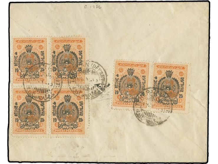 1 ch. in block of 4 and horizontal pair tied to reverse of envelope to Zendjan with arrival mark on front; a rare multiple fr