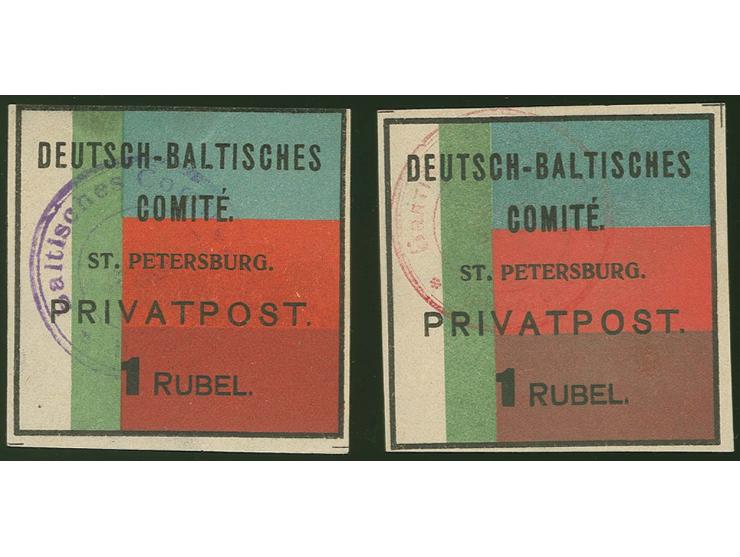 DEUTSCH-BALTISCHES COMITE ST. PETERSBURG PRIVATPOST: 1 R. ungezähnt, je eins mit violettem  bzw. rotem Stempel, gute Erhaltun