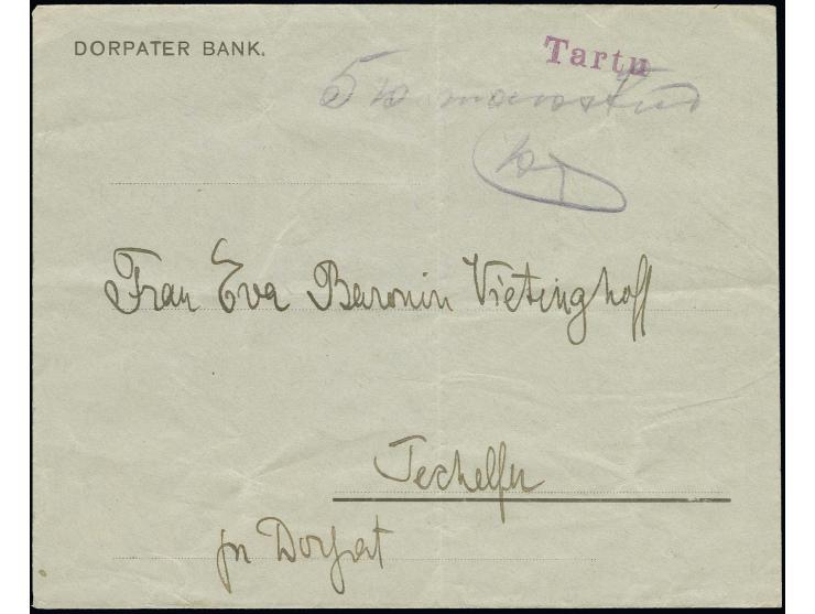 1918, Dorpat (Tartu), " 5 k. makstud" mit Unterschrift und nebengesetztem L1 "Tartu" auf Vordruck-Ortsbrief der Dorpater Bank