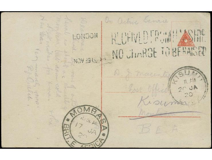 BRITISCHE TRUPPEN IM HAFEN VON TALLINN: 1919, Karte eines Angehörigen der britischen Mission nach Kisumu in Britisch Ost-Afri