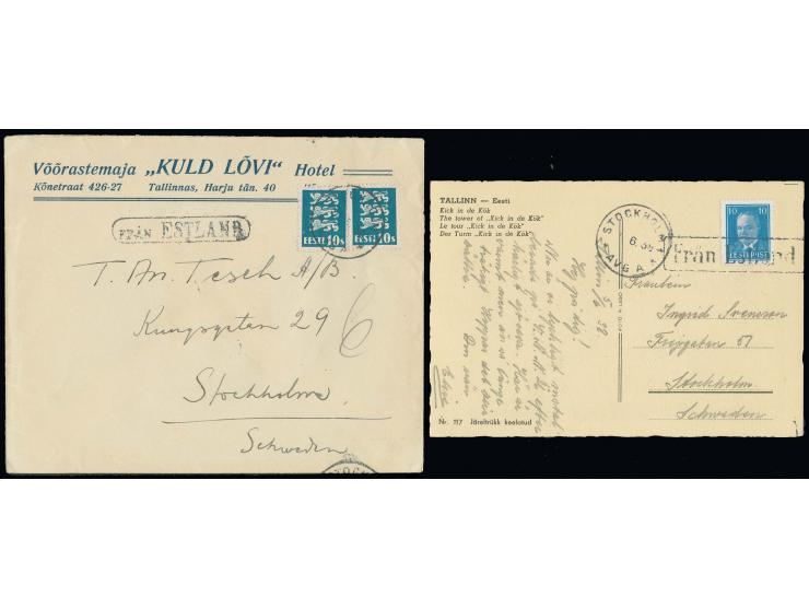 1932/38, "Fran Estland", zwei Briefe, je mit schwarzem Ra1 auf Brief bzw. Karte nach Stockholm, gute Erhaltung