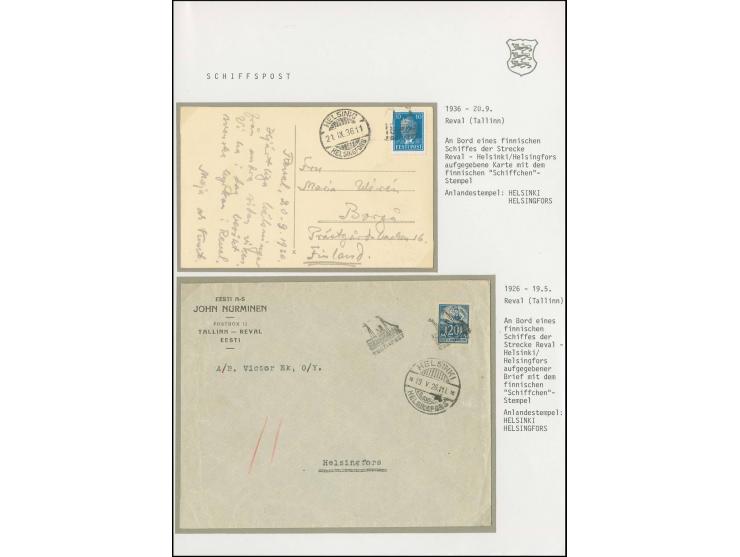 1926/36, "Schiffchen"-Stempel auf Brief bzw. Karte, je mit Anlandestempel von Helsinki/Helsingfors, gute Erhaltung