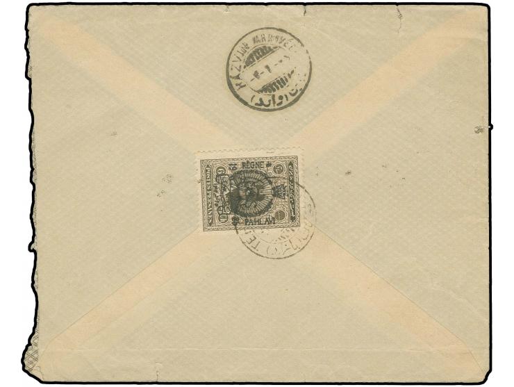 6 ch. tied by Teheran cds. to reverse of commercial cover to Kazvin with adjacent arrival mark; the cover with some small tea