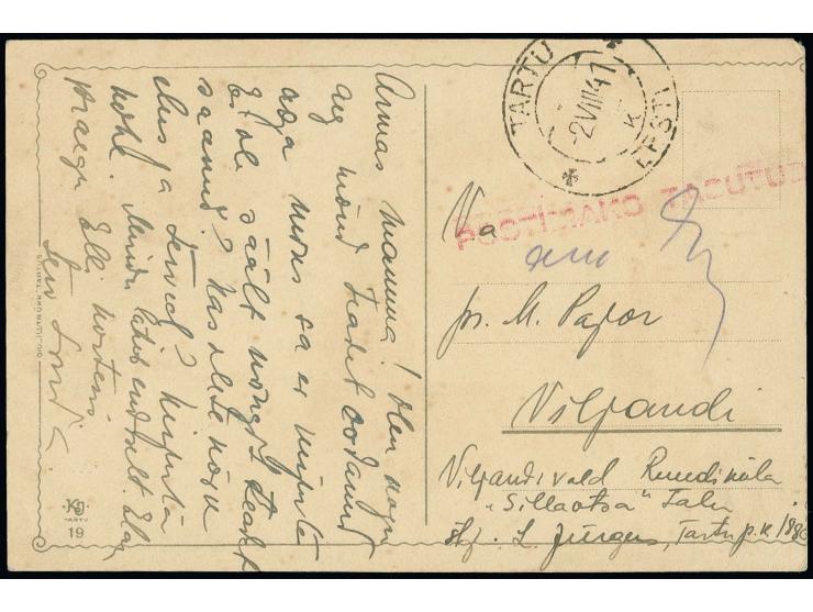 BARFRANKATUREN: 1941, TARTU, roter L1 "POSTIMAKS TASUTUD" mit Unterschrift des Postbeamten und nebengesetztem Ortsstempel "TA