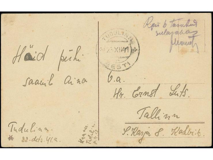 BARFRANKATUREN: 1941, TUDOLIN, " Rpn 6 tasutud sularahas" mit Unterschrift des Postbeamten und nebengesetztem Ortsstempel "TU