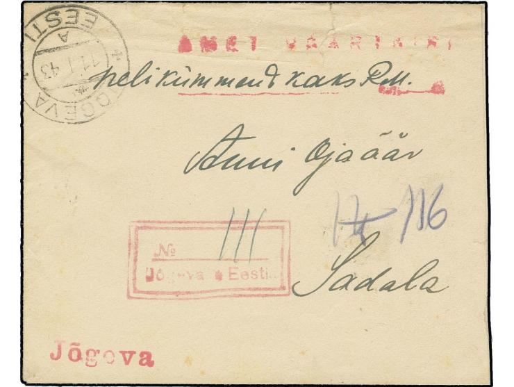1943, Wertbrief ab "JOGEVA 11 I 43" mit rotem Doppelrahmen-Registrierstempel und nebengesetztem L1 "Jogeva" nach Sadala, rück