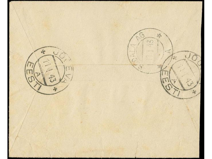 1943, Wertbrief ab "JOGEVA 11 I 43" mit rotem Doppelrahmen-Registrierstempel und nebengesetztem L1 "Jogeva" nach Sadala, rück