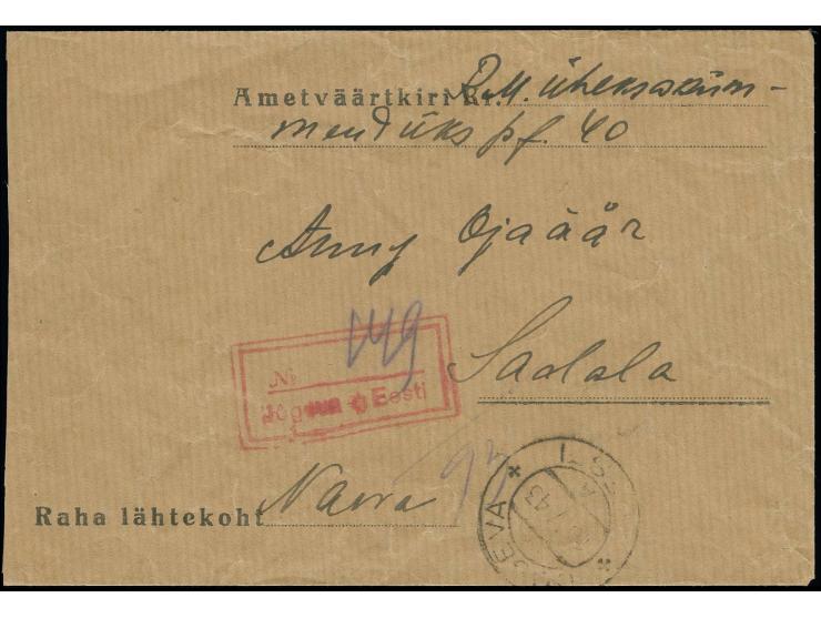 1943, Wertbrief  über 90,40 RM ab "JOGEVA 10 V 43" mit rotem Doppelrahmen-Registrierstempel nach Sadala, rückseitig mit altem