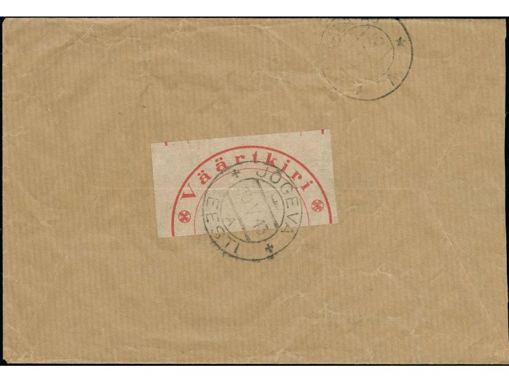 1943, Wertbrief  über 90,40 RM ab "JOGEVA 10 V 43" mit rotem Doppelrahmen-Registrierstempel nach Sadala, rückseitig mit altem