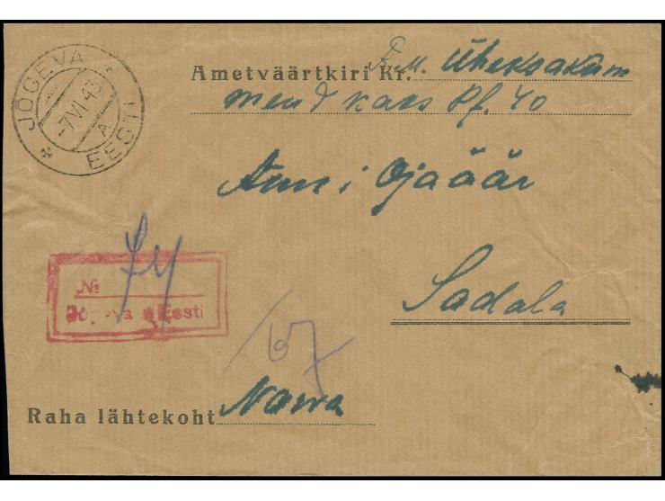 1943, Wertbrief  ab "JOGEVA -7 VI 43" mit rotem Doppelrahmen-Registrierstempel nach Sadala, rückseitig mit zwei alten estnisc
