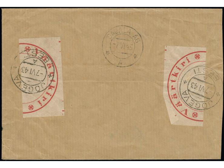 1943, Wertbrief  ab "JOGEVA -7 VI 43" mit rotem Doppelrahmen-Registrierstempel nach Sadala, rückseitig mit zwei alten estnisc