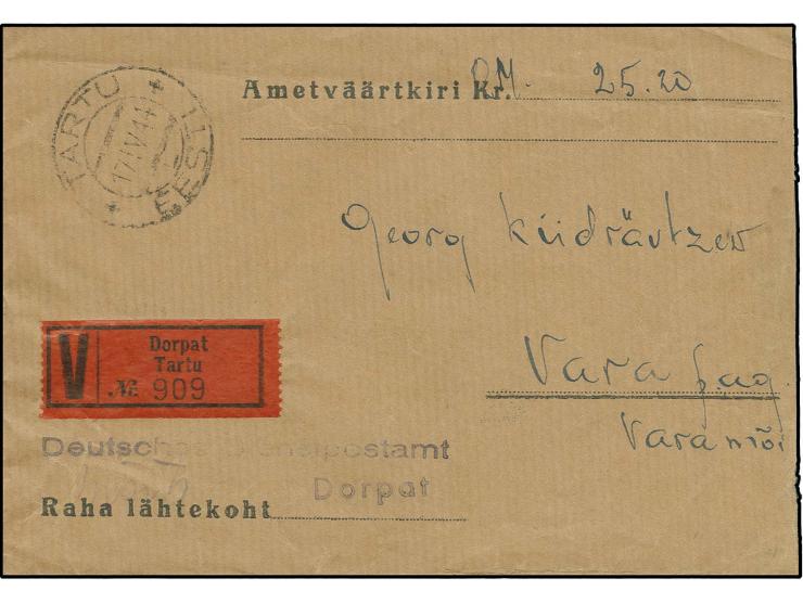 1944, Wertbrief über 25,20 RM ab "TARTU 17 IV 44" mit zweisprachigem V-Zettel nach Vara, rückseitig mit zwei alten estnischen