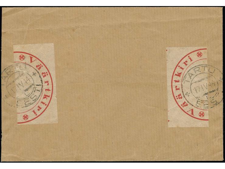 1944, Wertbrief über 25,20 RM ab "TARTU 17 IV 44" mit zweisprachigem V-Zettel nach Vara, rückseitig mit zwei alten estnischen