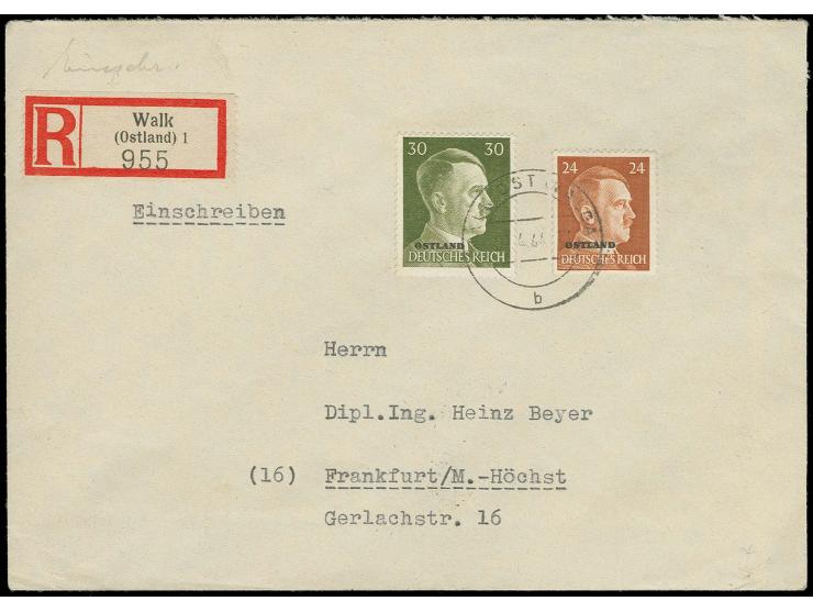 AUS DEM BRIEFKASTEN: 1944, R-Brief aus Walk nach Frankfurt mit rückseitigem Vermerk "aus Postkasten", sowie Ganzsachenkarte 6