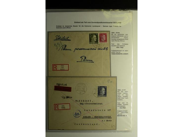 R-ZETTEL IM DEUTSCHEN MUSTER: 1943/44, Estnische Landespost, Abja bis Taebla, Sammlung von 29 Briefen, dabei ein lettischer R