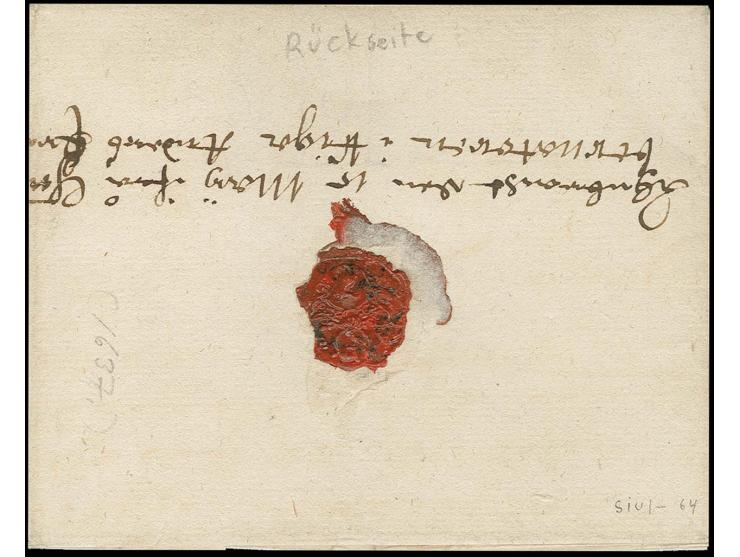 1637, 15. Mai, kleiner Dienstfaltbrief-Umschlag des schwedischen Gouverneurs in Riga, Anders Erichson, an "Dem Wohlgebornen u