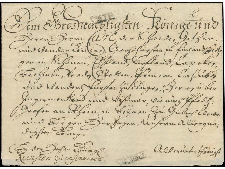 1708, "Riga" schwedischer Banderolenstempel zweimal sauber, oben bzw. unten, auf Faltbrief an König Karl XII. "Dem Grosmächti