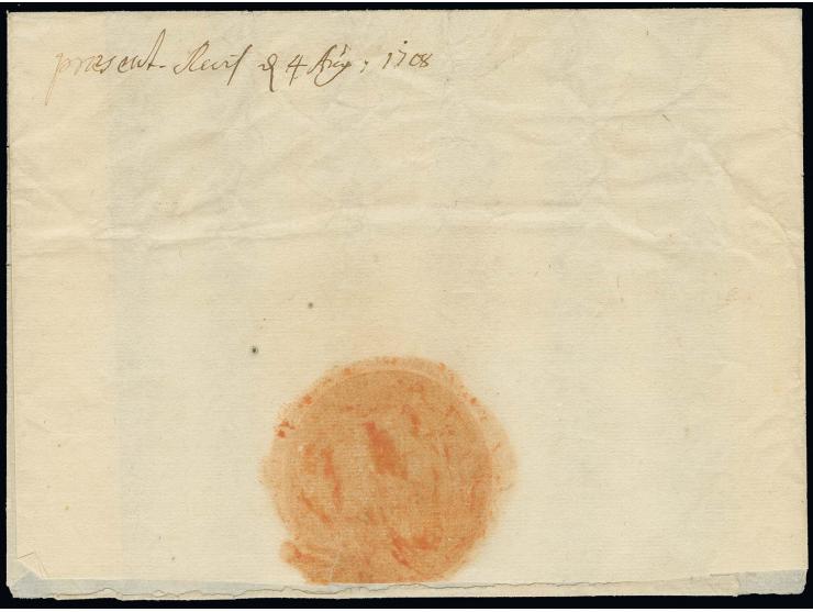 1708, "Riga" schwedischer Banderolenstempel zweimal sauber, oben bzw. unten, auf Faltbrief an König Karl XII. "Dem Grosmächti