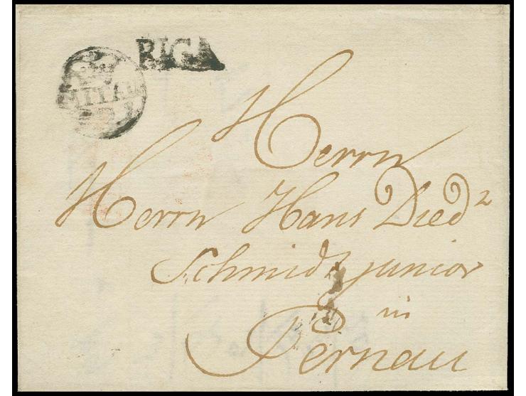 1780, "MITAU" Posthornstempel als Transitstempel auf kleiner Faltbriefhülle von Libau nach Pernau. Bemerkenswert ist, dass Po
