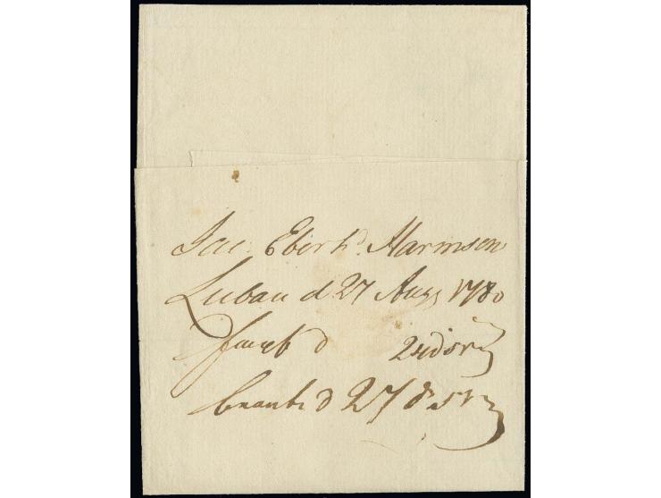1780, "MITAU" Posthornstempel als Transitstempel auf kleiner Faltbriefhülle von Libau nach Pernau. Bemerkenswert ist, dass Po