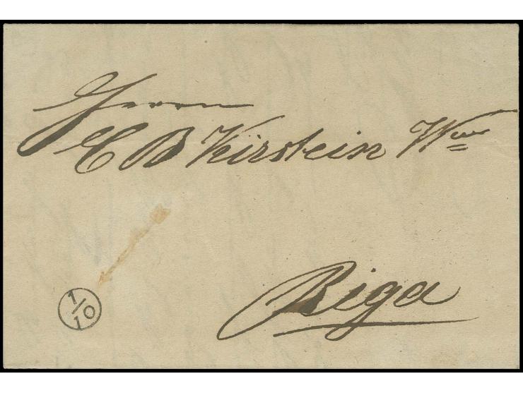 1845, "1/10" kleiner EKr. (10 Kopecken für 1 Loth bezahlt), vorderseitig auf Faltbrief nach Riga, Spuren eines Hinweispfeils 
