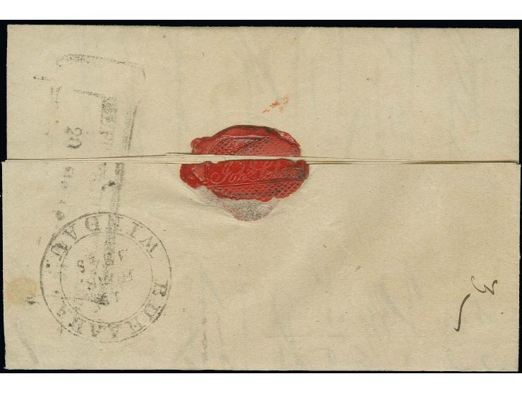 1845, "1/10" kleiner EKr. (10 Kopecken für 1 Loth bezahlt), vorderseitig auf Faltbrief nach Riga, Spuren eines Hinweispfeils 