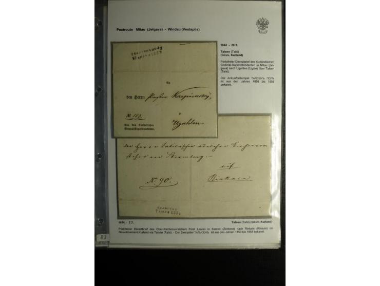 POSTROUTE MITAU-WINDAU: 1787/1857, Sammlung von 12 Briefen mit teils verschiedenen Stempeln der Poststationen Tuckum, Talsen 