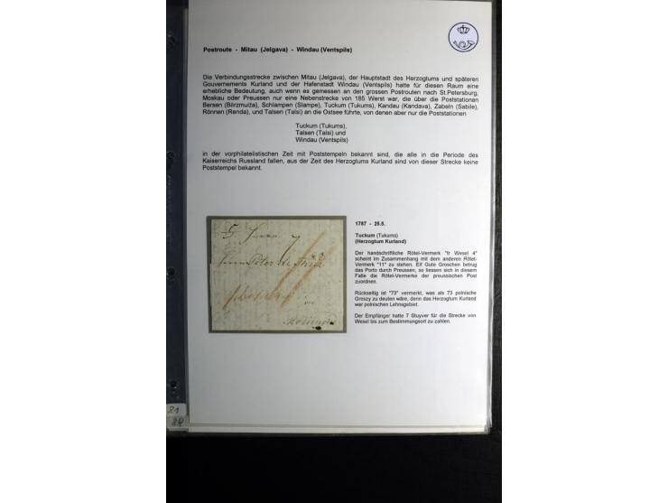 POSTROUTE MITAU-WINDAU: 1787/1857, Sammlung von 12 Briefen mit teils verschiedenen Stempeln der Poststationen Tuckum, Talsen 