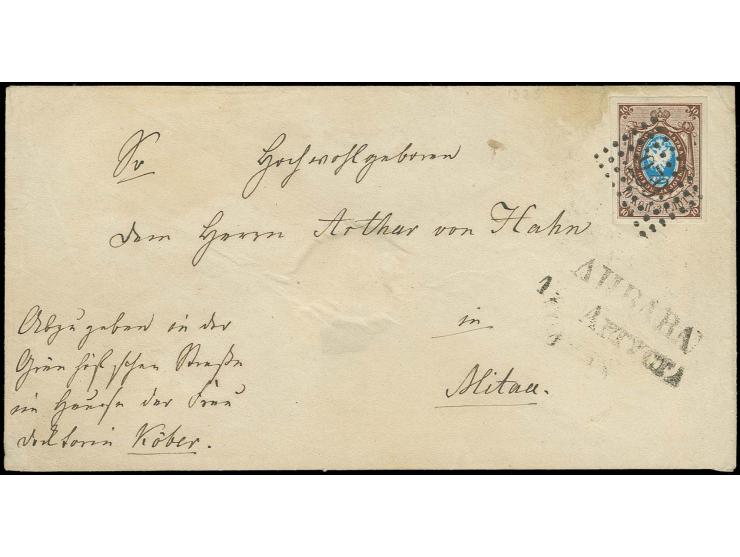 10 K. dunkelbraun/hellblau, allseits breitrandig mit klarem Nummernstempel "239" LIBAU und nebengesetztem L2 auf Umschlag nac