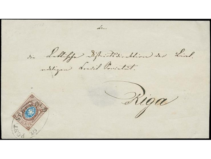 1858, 10 K. siena/hellblau mit Ovalstempel "POST SEGEWOLD" auf Faltbriefhülle ohne Seitenklappen nach Riga, eine sehr seltene