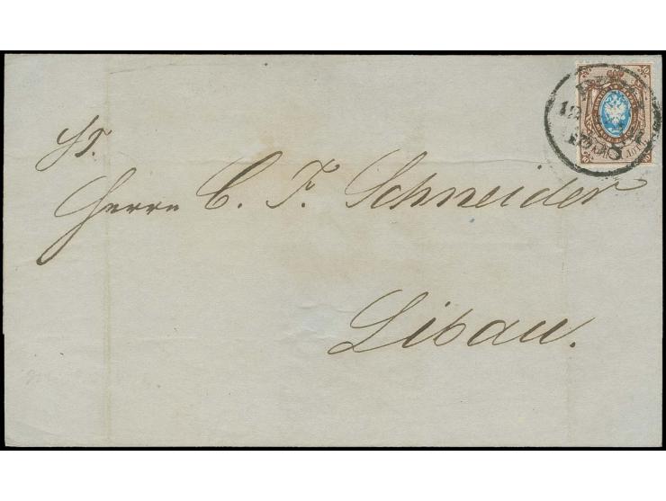 1858, 10 K. siena/hellblau mit EKr. " РИГA 12 МАЯ 1858" auf Faltbrief nach Libau, als Entwerter sehr selten, Marke gering feh