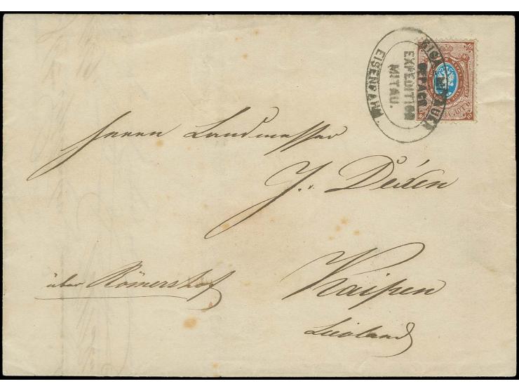 1858, 10 K. siena/hellblau mit Ovalstempel "RIGA - MITAUER EISENBAHN GEPÄCK EXPEDITION MITAU." auf Faltbiefhülle über Römerho